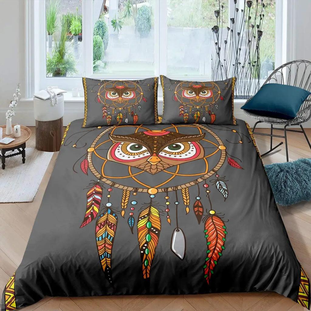 Owl King Queen Duvet Cover Adorable Funny Cartoon Animal Bedding Set for Kids Boy Colorful Wildlife 2/3pcs Polyester Quilt Cover