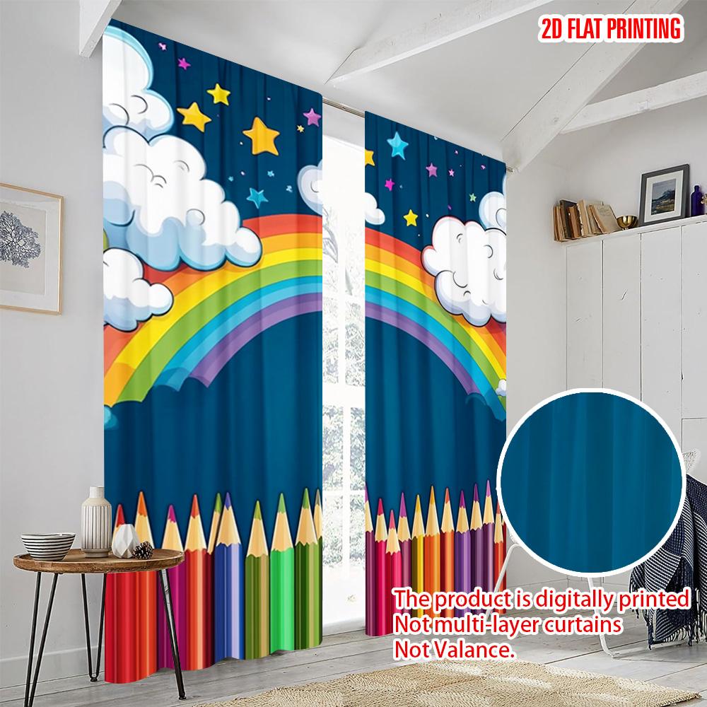 2pcs  2D Plane Printing Print Curtains Happy Back To School Polyester Fabric (without Rod) Home Decor for Bedroom & Various Rooms