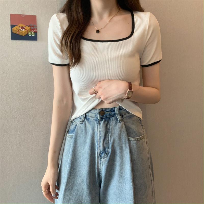 Dámské triko s krátkým rukávem velké yardy k odhalení límce s čtvercovým výstřihem tenké uvnitř s krátkým rukávem
