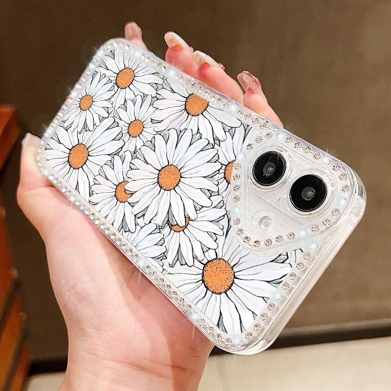 Diamond Frame Clear Anti-Fall Phone Case For iPhone 16E 16 Pro 15 Pro Max 14 13 12 11 Floral Print Soft Silicone Shockproof Bumper Cover