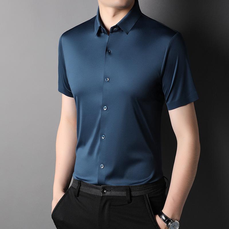 Summer Ice Silk No-iron Short-sleeved Shirt Men's Seamless Breathable Quick-drying Shirt Men's Elastic Half-sleeved Business Men's Clothing