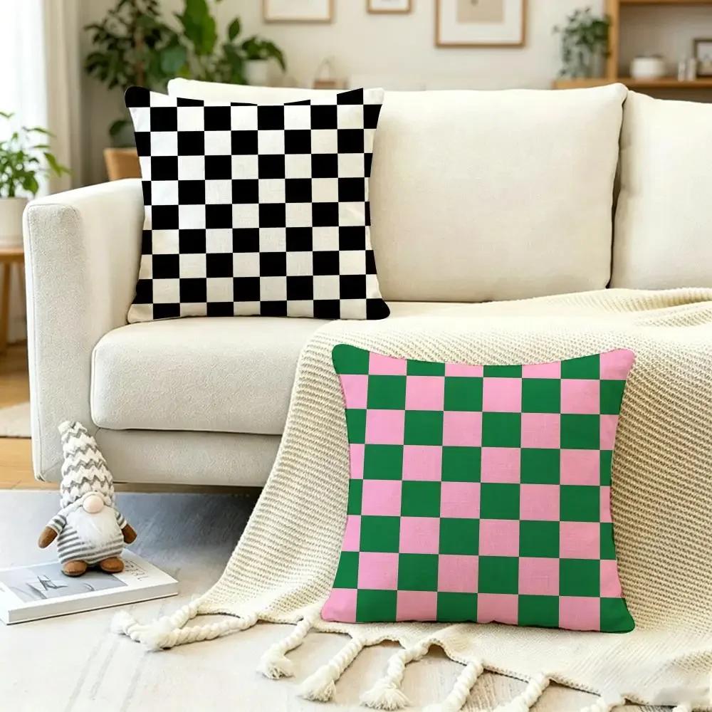 Merchandise Anime Checkerboard Cushion Cover Anti Dustmite Pillowcase Invisible Zipper Silky Short Plush Sofa Cushion Cover
