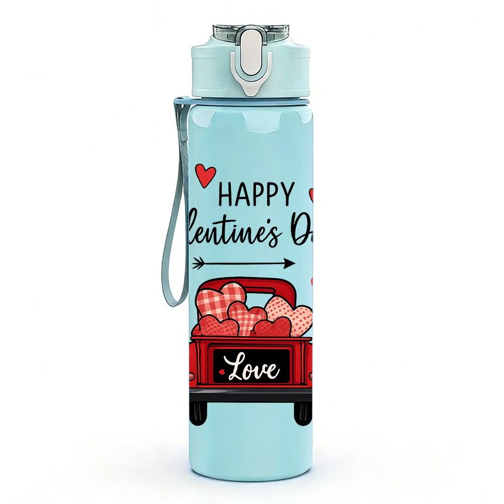 1PC Happy Valentines Day Red Truck Pattern 750ml Color Plastic Sports Water Bottle Leakproof Flip Straw Lid Suitable for Sports Office Home Use