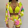 Sexy Floral Print Three Piece Beachwear Set with Bikini Top, Shorts, and Cover-Up Shirt
