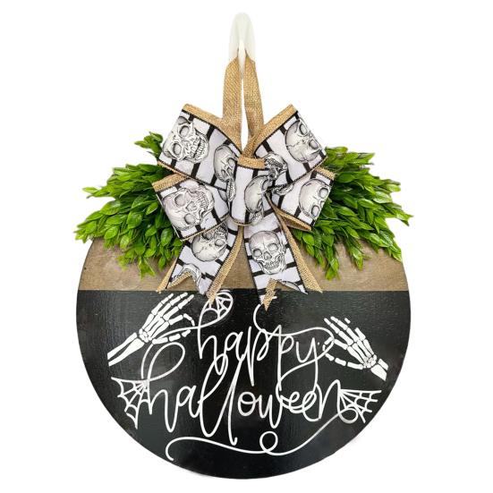 Halloween Skeleton Welcome Door Sign Artificial Leaves Bowknot Decor Indoor Outdoor Halloween Sign Family Gathering Decoration