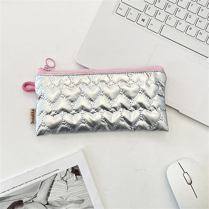 Sweet Quilted Bow Love Flap Pencil Case Organizer Coin Purse  Girly Cosmetic Bag Women Portable Sundries Storage Bag Gift