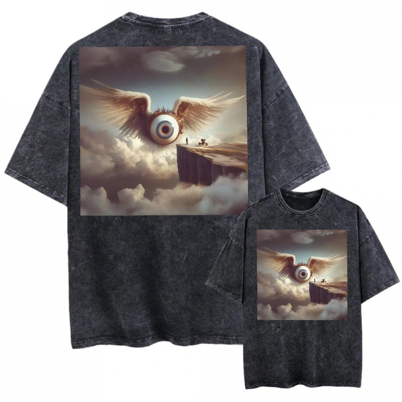 Retro Washed Vintage Black Tshirt for Both Unisex and Women Angel Pattern Tshirt Surreal Winged Eye Six Winged Angel M