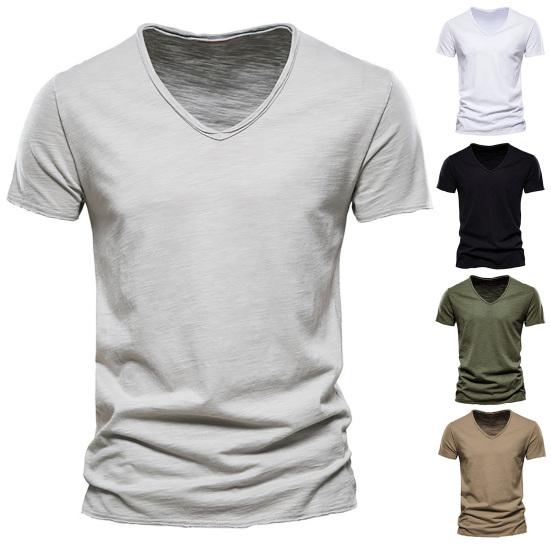 T-shirt da uomo con scollo a V, maniche corte, texture morbida, tinta unita, semplice maglione top, streetwear