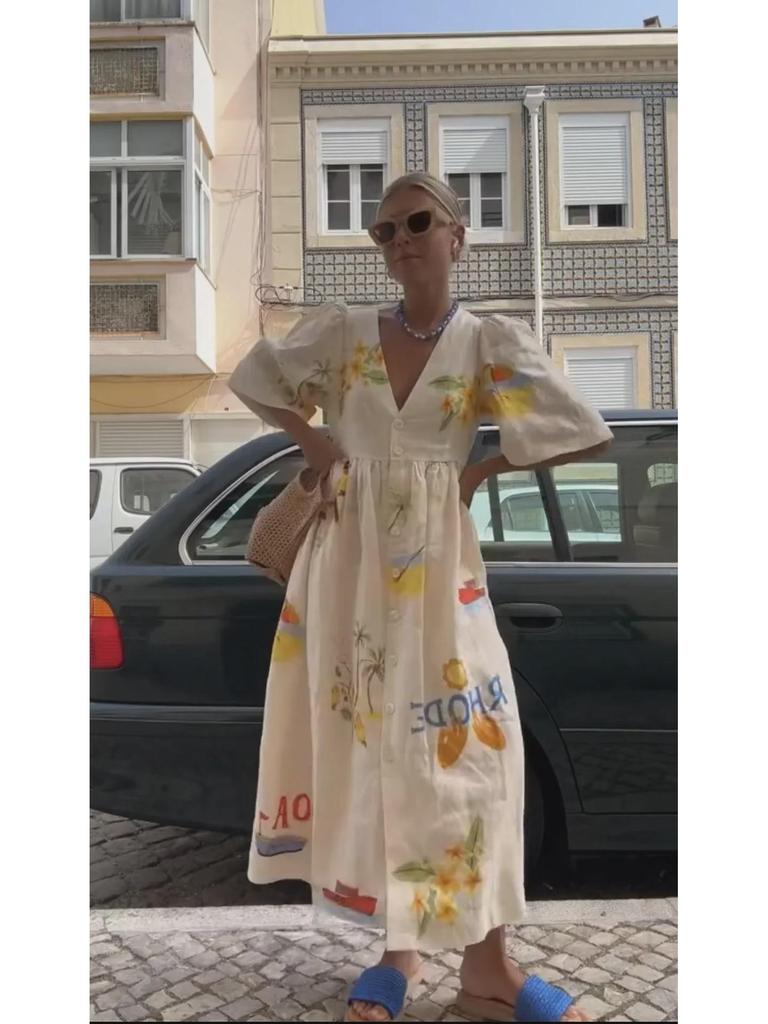 Bedrucktes Kleid mit V-Ausschnitt und kurzen Ärmeln – Frühjahr/Sommer 2024, europäischer und amerikanischer Stil