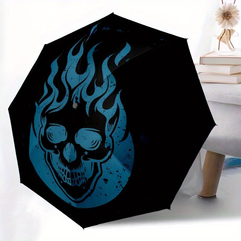1pc Flame Skull Automatic Open/close Folding Compact Umbrella, 8-Rib Sturdy Canopy, Lightweight Portable, Everyday Use, Gift,040