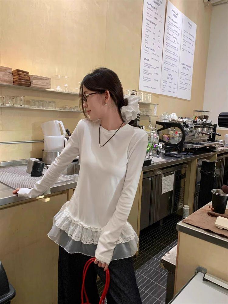 270g German Velvet Korean Lace Patchwork Round Neck Long Sleeve T-shirt - Slimming & Flattering Autumn/Winter Top