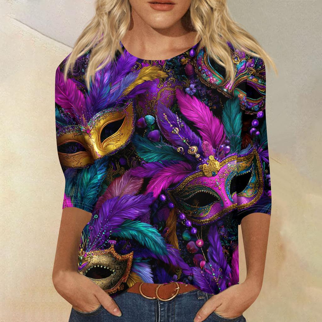 Women's Fashion Casual Round Neck Three-quarter Sleeve Carnival Print T-shirt Top