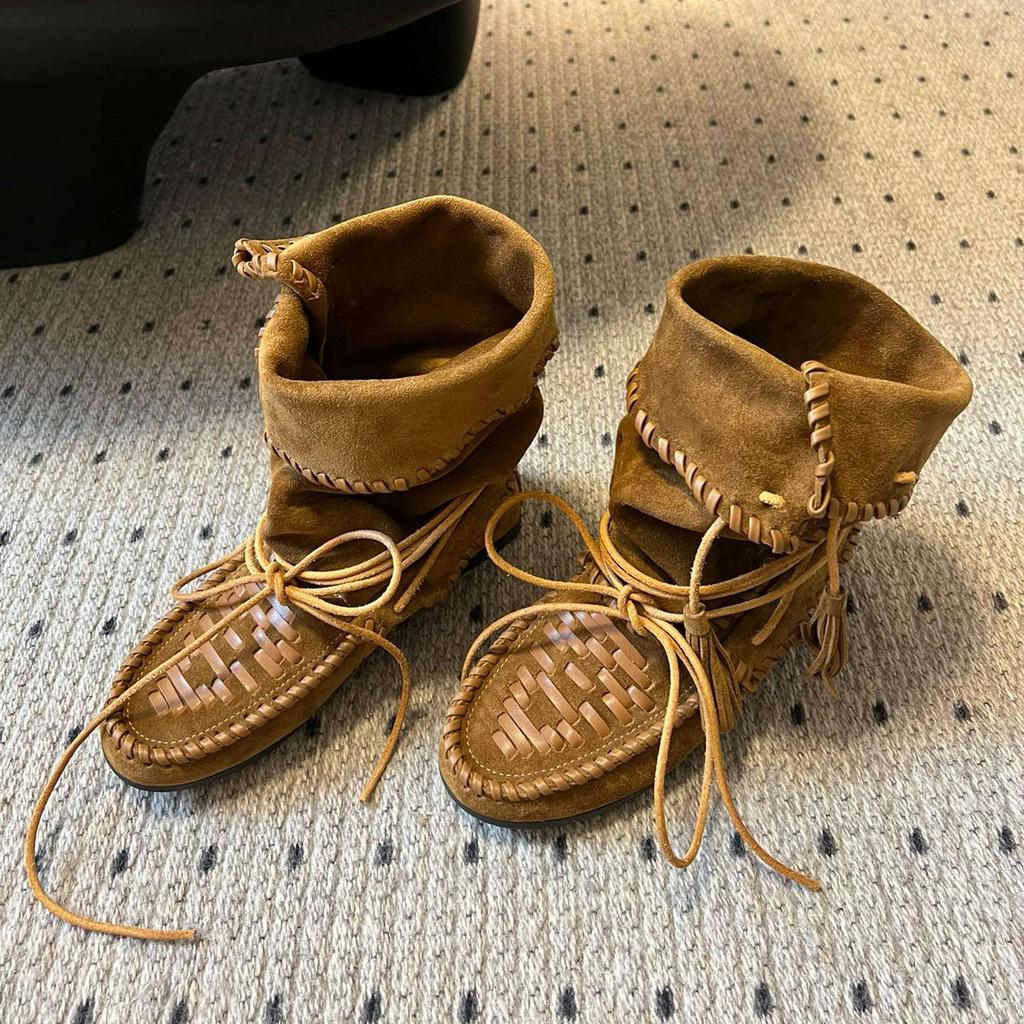 2025 Autumn New Strap Fringed Boots Women's Retro Woven Flat-bottomed Comfortable Medium Boots Fashionable Western Stacking Boots