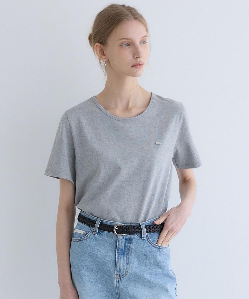 OURHOPE Logo Silky Round Neck T-Shirt - Melange Grey