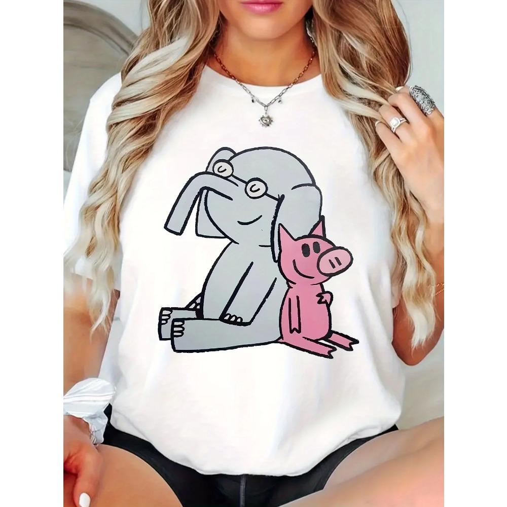 Elegant Cartoon Elephant and Pig Print TShirt Womens Crew Neck Short Sleeve Casual Summer Comfortable Women Tshirt Clothing