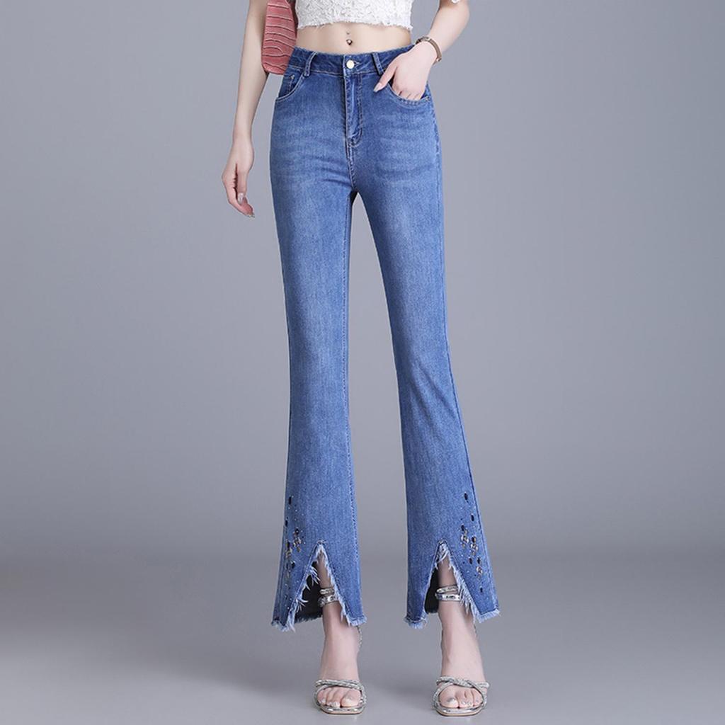 2025 Women's Slimming High-Waisted Micro-Flared Jeans with Slit and Raw Edge Detail for Spring