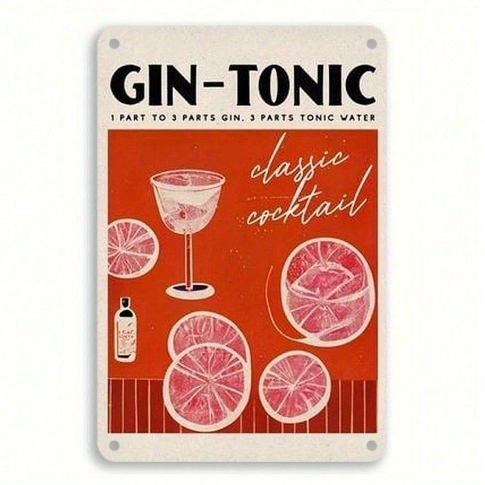 Vintage Gin Tonic Cocktail Recipe Rusty Look Metal Wall Sign Bar Decor Tin Plaque