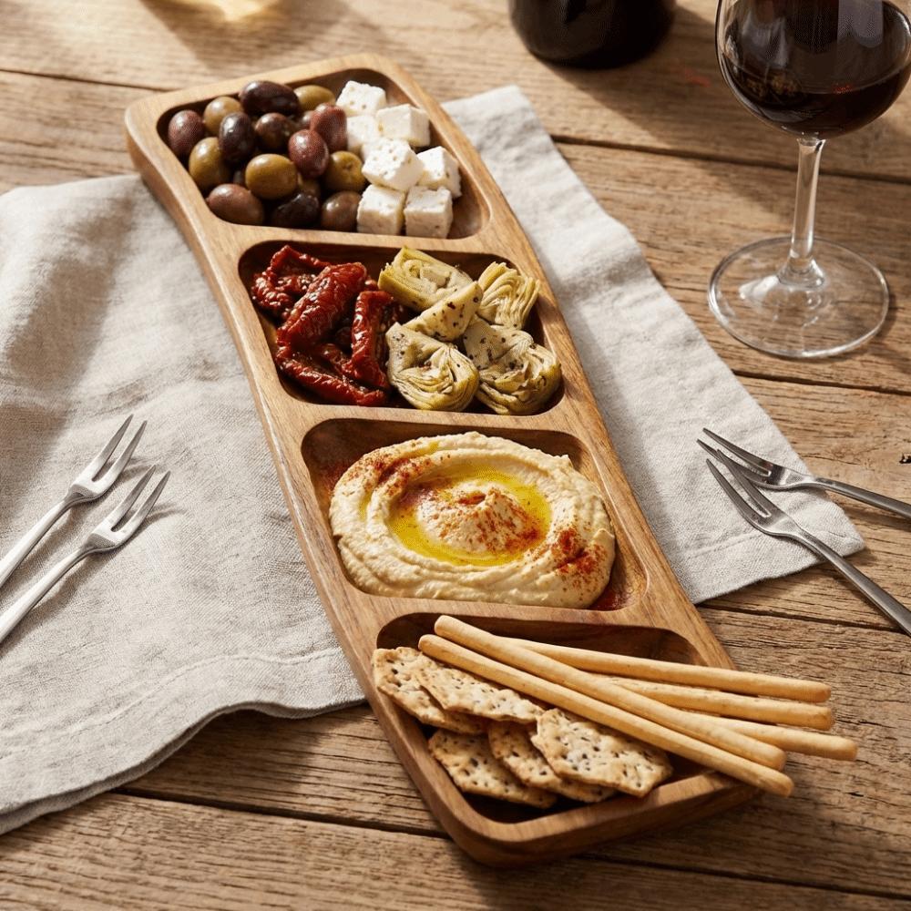 3/4 Compartments Wooden Snack Tray Portable Nut Platter Candies Tray  Living Room