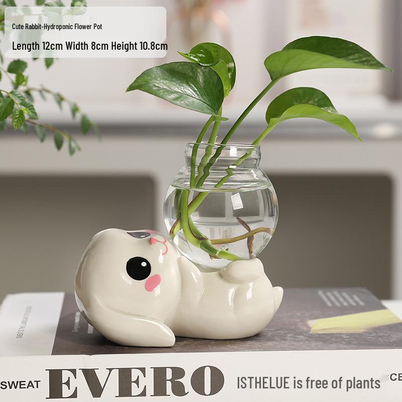 Cartoon Rabbit Flower Pot: Green Radish Hydroponic Vase for Home or Office Decor