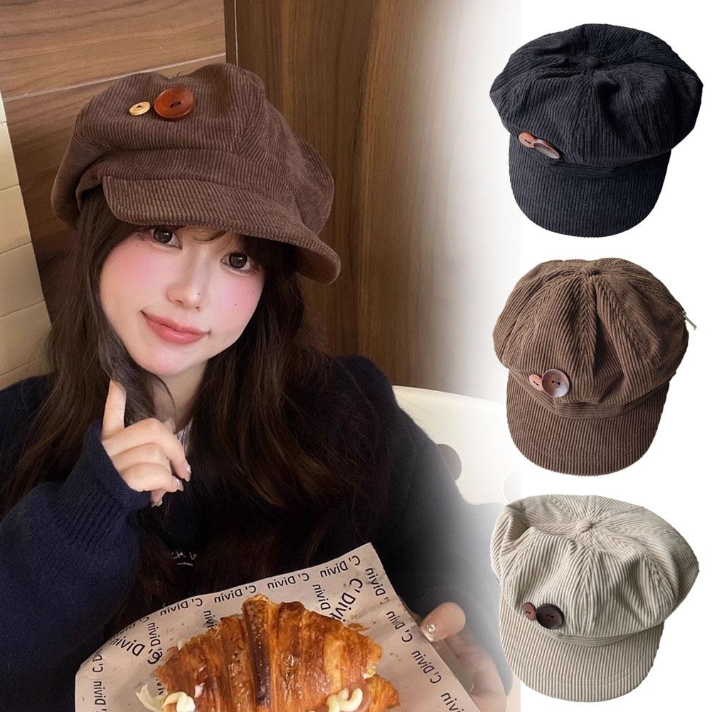 Vintage Corduroy Beret Hat For Women Korean Button Octagonal Cap Autumn Winter Painter Artist Hats Japanese Brown Peaked Caps