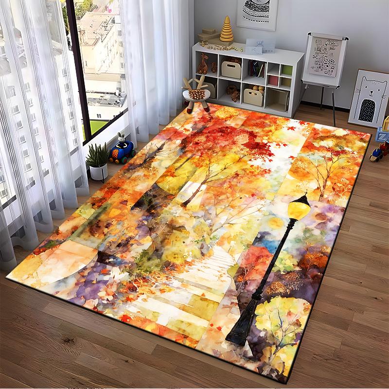 Autumn Forest Path Pattern Carpet with Vibrant Colors and Streetlight Suitable for Use As an Anti-slip for Living Room Bedroom Sofas