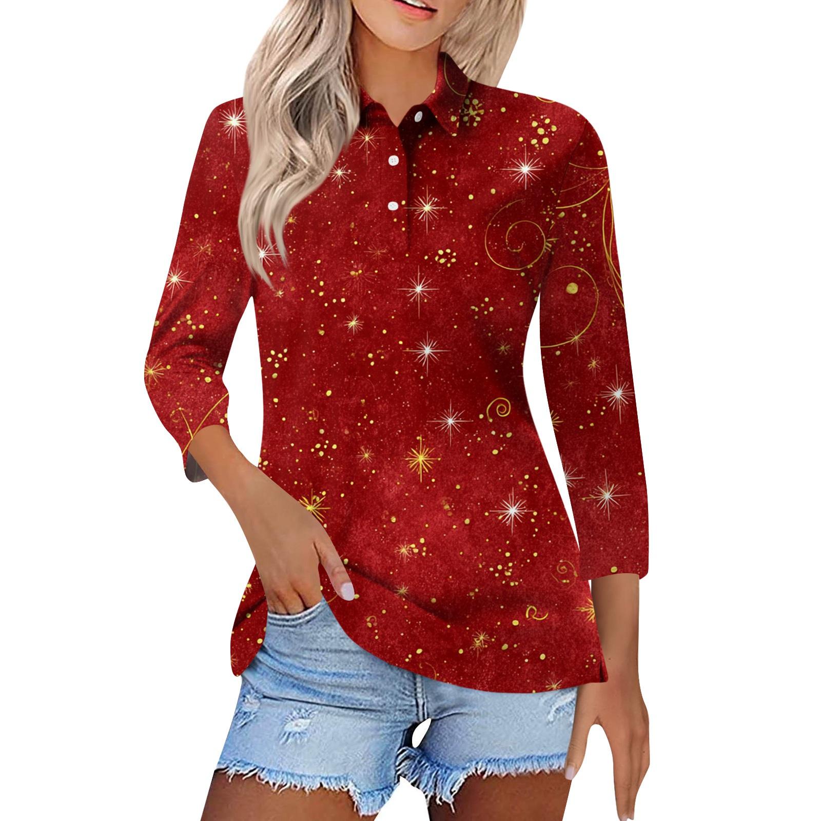 

Women s Fashion Casual Lapel Short 3/4 Sleeve Christmas Print Shirt Women s Button Up Tops L