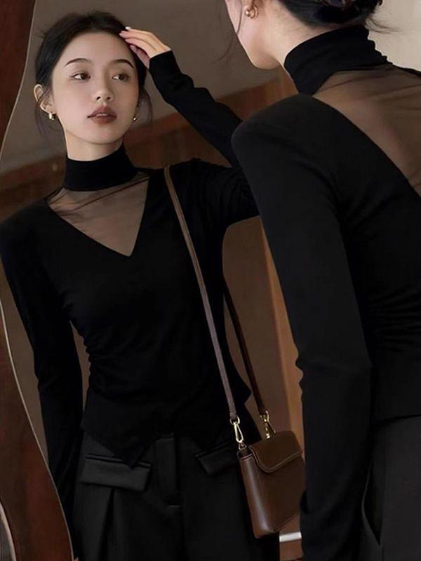 Women's Slim Fit Long Sleeve Top: Elegant Black Mesh Splice with Half-High Collar, Sheer Front/Back, Perfect for Autumn/Winter.