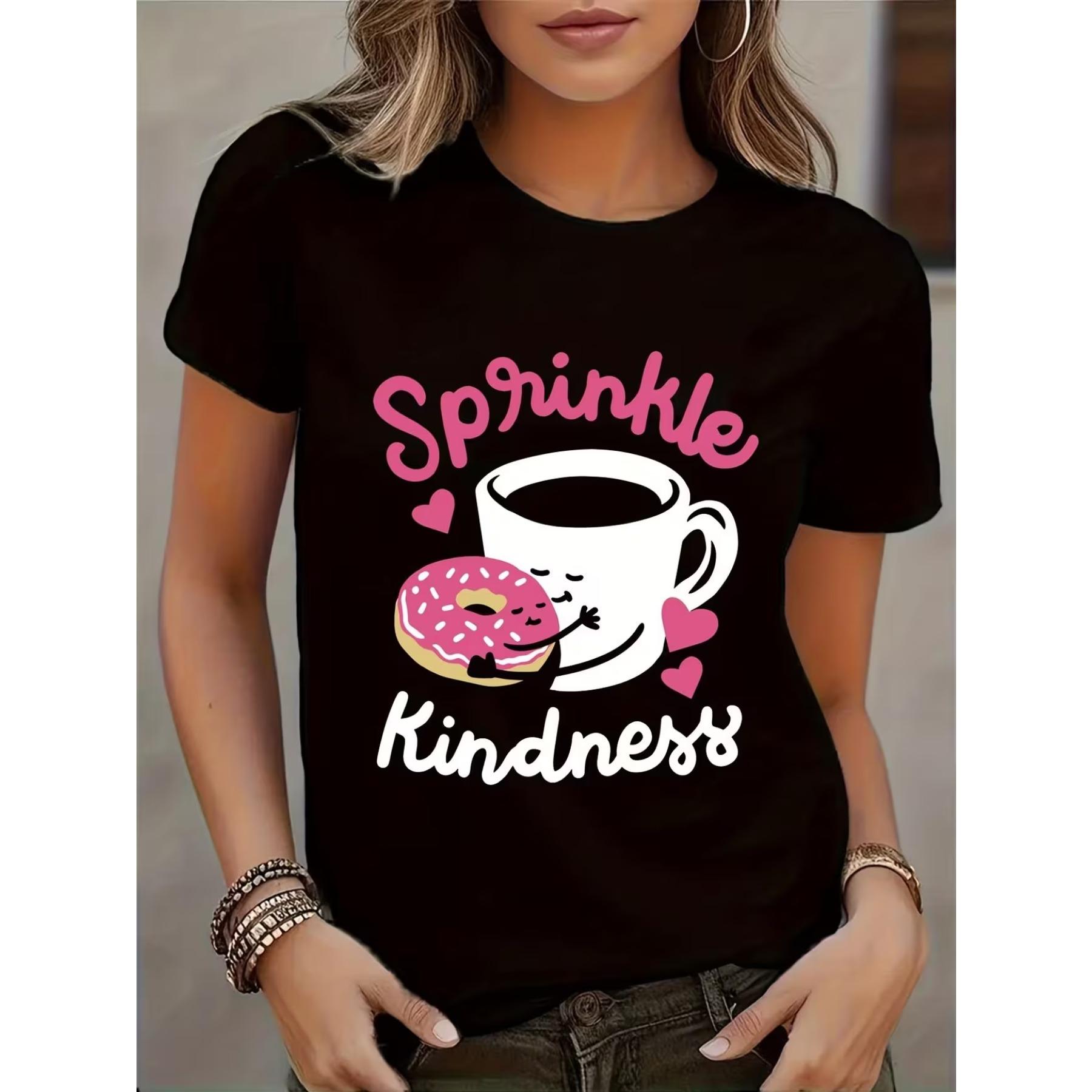 Womens Sprinkle Kindness Graphic T-Shirt - Casual Short Sleeve Round Neck Tee with Cute Donut & Coffee Cup Design, Black & White S чёрный
