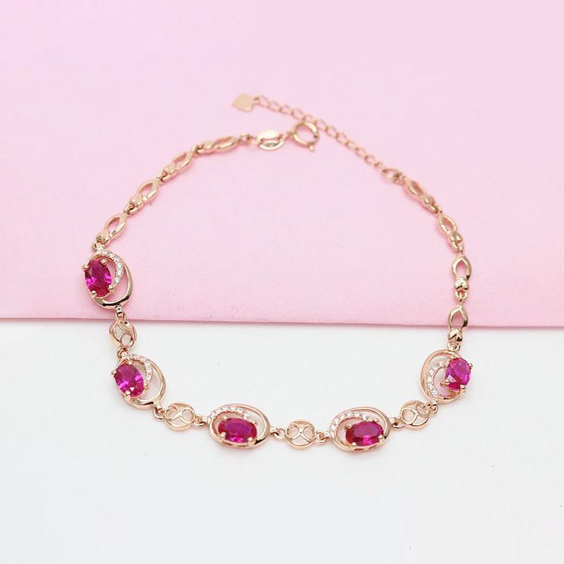 Purple Gold French Red Garnet Bracelet Fashion Zircon Rose Gold Plated Egg Surface Bracelet Jewelry (17+3cm adjustment chain)