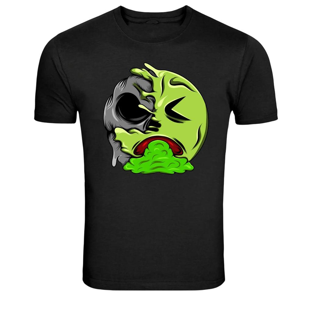 Half Skull Sad Green Emoji Horror Graphic T-Shirt