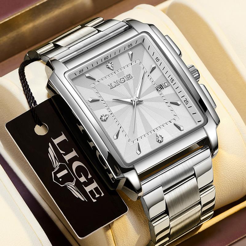 LIGE Luxury Man Wristwatch Waterproof Luminous Date Stainless Men's Watches Sports Square Men Watch Casual Quartz Male Clocks