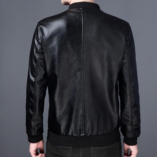 Men Coat Solid Color Stand Collar Windproof Faux Leather Thicken Plush Lining Zipper Jacket Streetwear