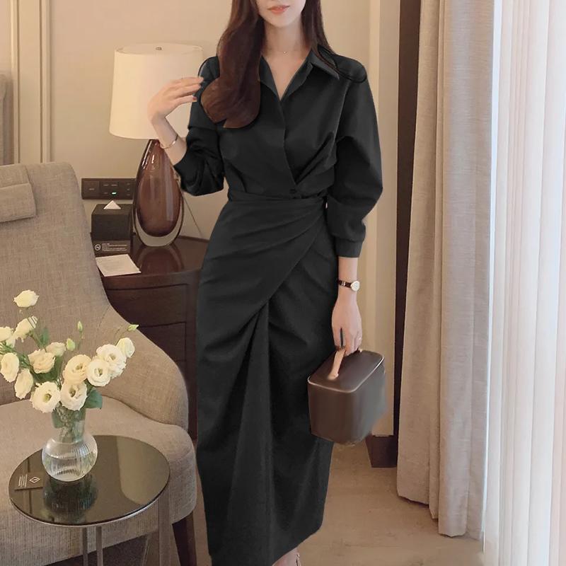 ZANZEA Women Casual Turn Down Collar Elegant Long Sleeve Long Dress