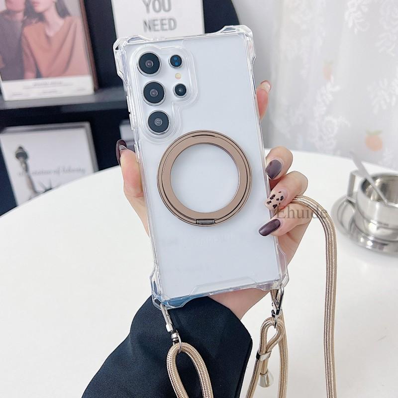 

Metal Magnetic Stand Case For Samsung Galaxy A36 A16 A55 A35 A17 S26 S25 Ultra S24 FE 360 Rotation Crossbody Strap Lanyard Cover Galaxy S25