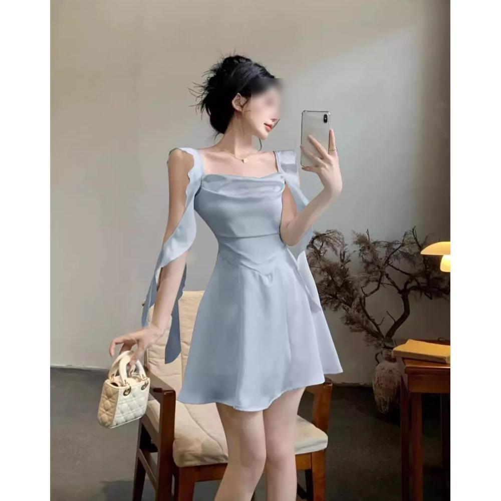 

Элегантное платье на бретелях-лентах с открытой спиной и краем в виде лепестков лотоса - Французское высококлассное А-силуэтное короткое платье для женщин, Идеально для лета S (fits up to 90 jin) светло-синий