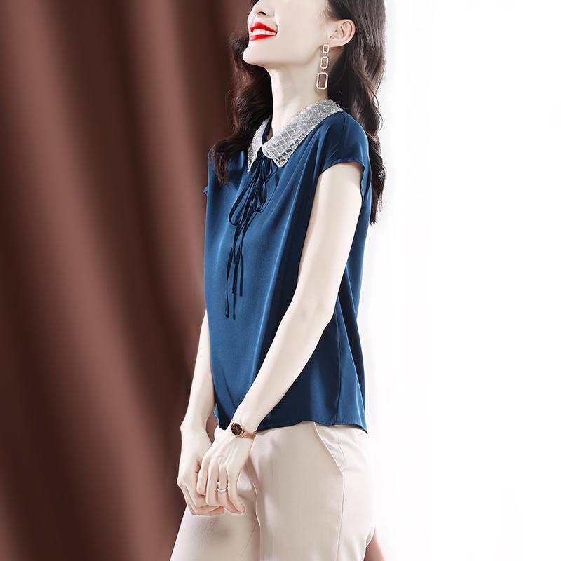 Office Lady Peter Pan Collar Chic Embroidered Flares Blouse Summer Solid Color All-match Drawstring Female Short Sleeve Shirt