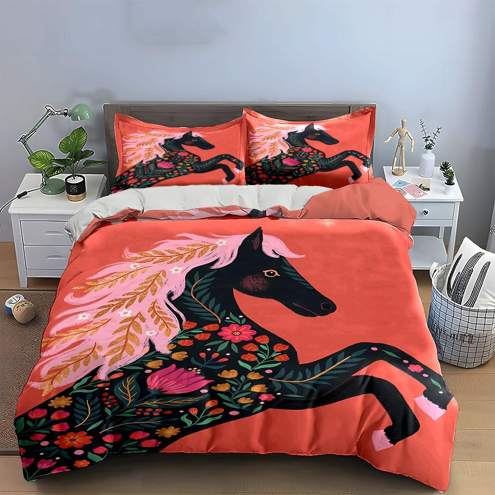 Black horse, floral accents. Bedding sets Duvet cover sets Duvet covers Pillowcases(1* Duvet Cover 2* Pillowcases without duvet insert)