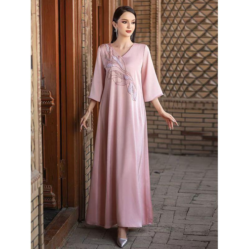 

New Arrival Middle East Elegant Robe Pink Beading V Neck Dress Maxi Dress V-neck Nail Bead Dress Light pink 2XL