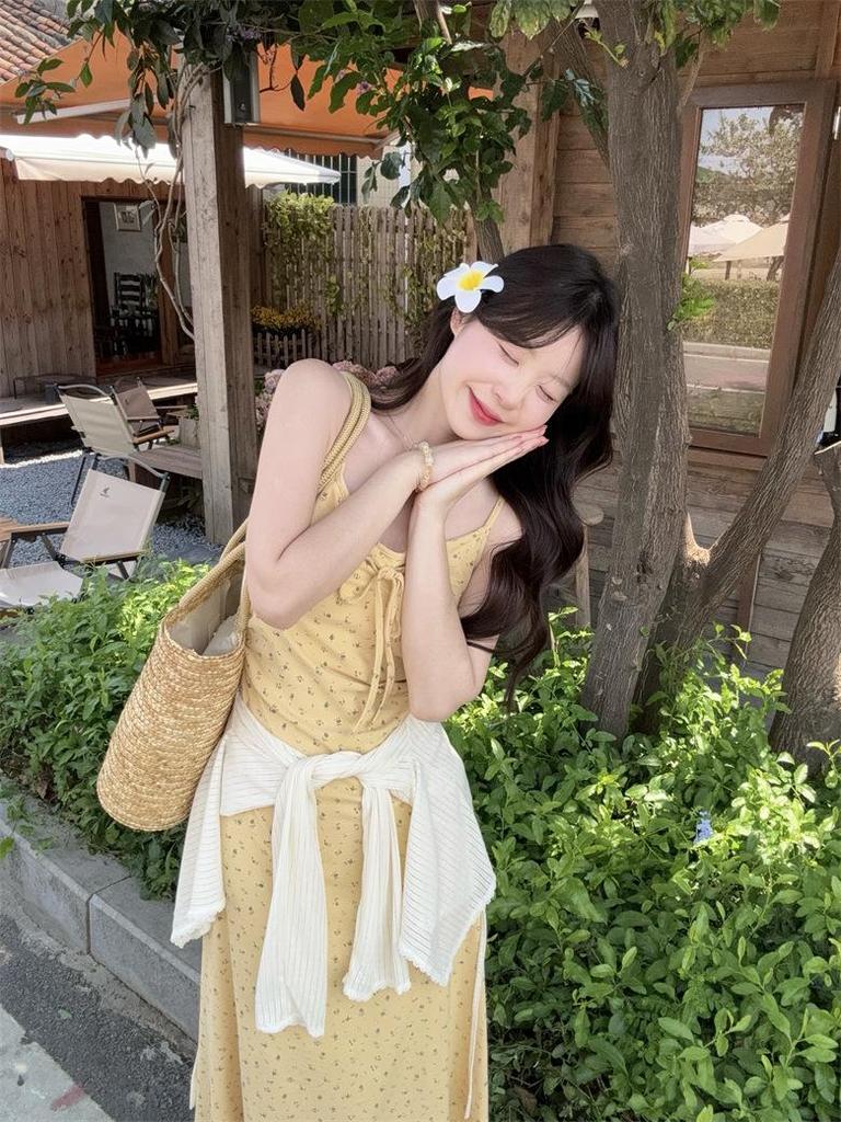 Plus Size 2026 Spring Summer Women's Two-Piece Set: Camisole with Cardigan Long Dress for Seaside Vacation