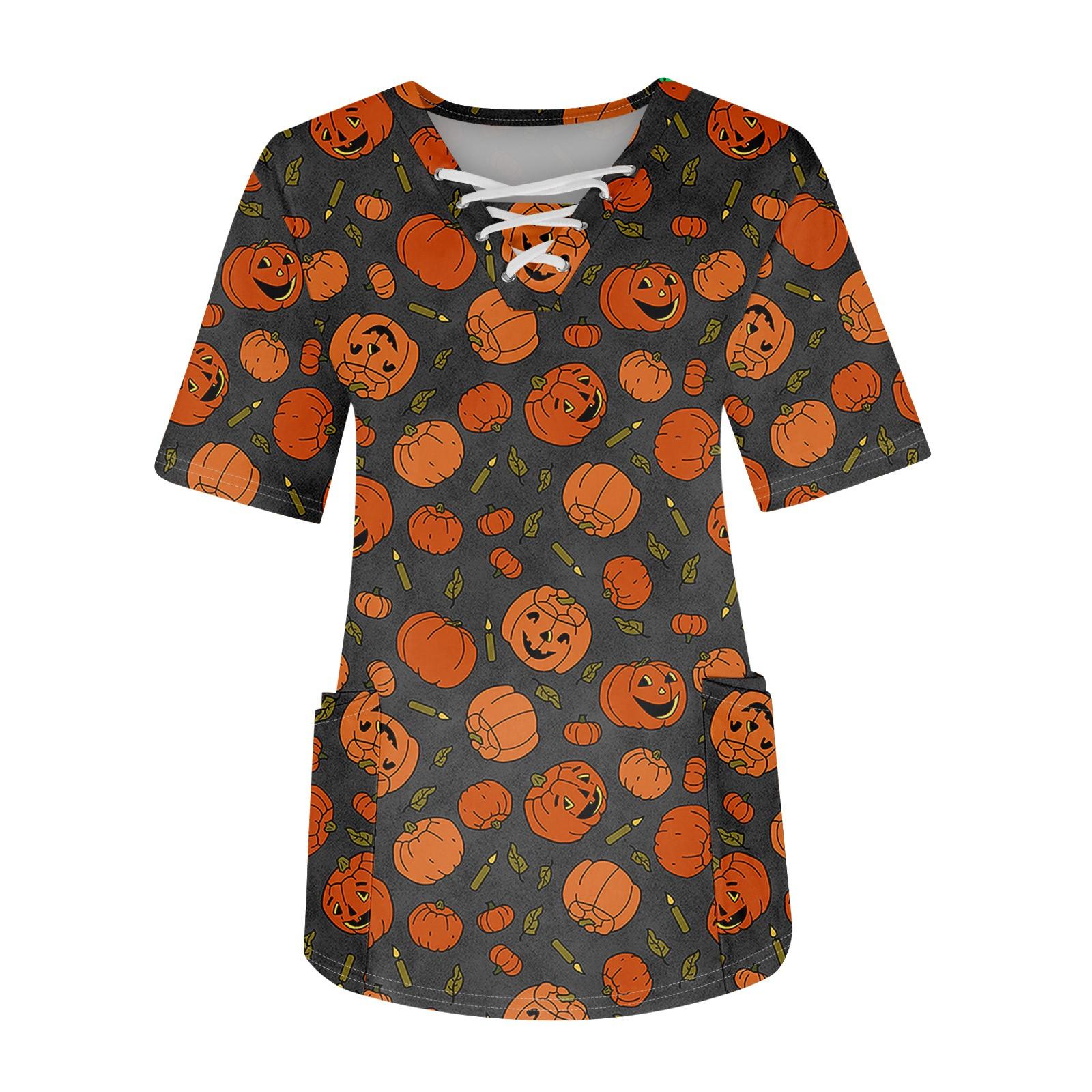 

Плюс размерСкраб с принтом Рабочая форма Топы для женщин Крест V-образным вырезом Хэллоуин Принт с короткими рукавами Забавные футболки Спецодежда Футболка с карманами XL