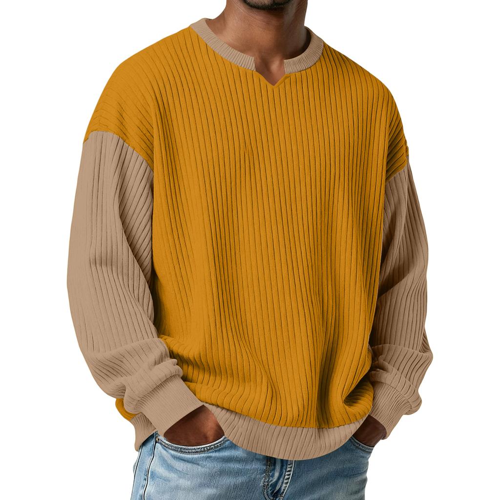Men's Color,Blocked Stylish V,Neck Ribbed Textured Long,Sleeve T,Shirt