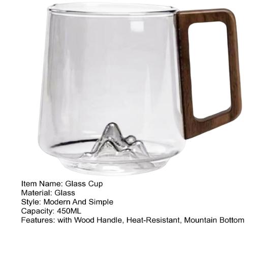 Yousheng 450ML Vintage Glass Cup with Wood Handle Heat-Resistant Mountain Bottom Clear Coffee Mug Large Capacity Tea Milk Water Drinking Cup