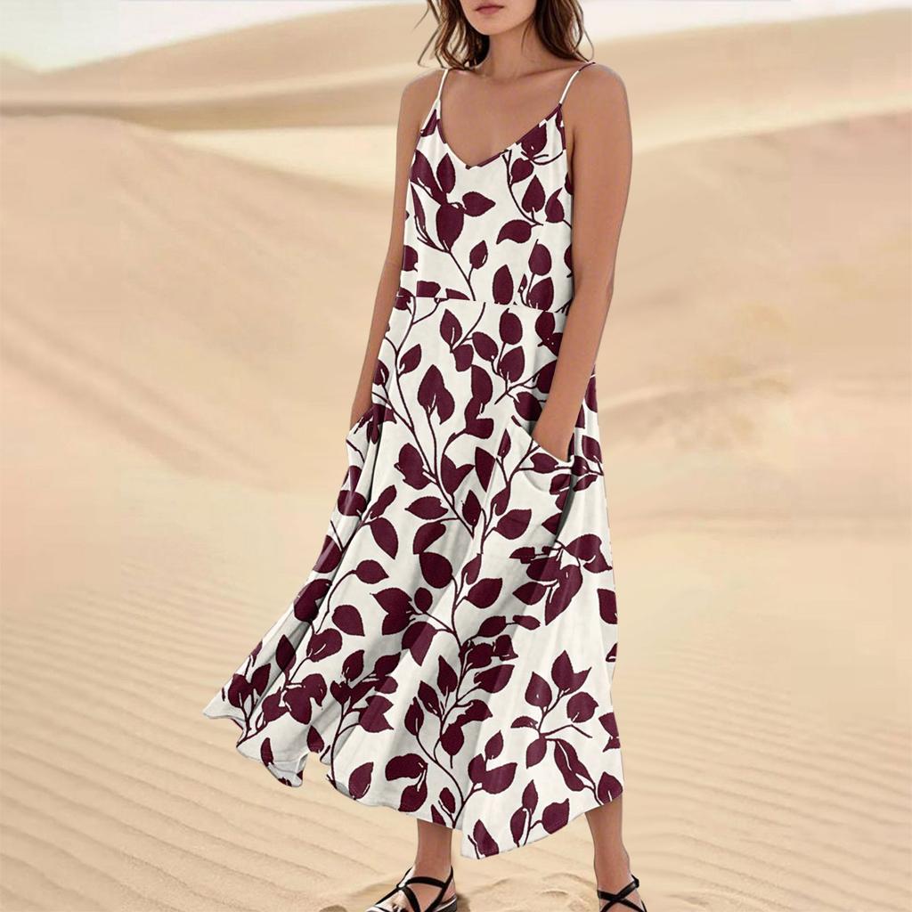 Damenmode Lässig Ärmellos Tasche Langes Strandkleid mit Blumendruck