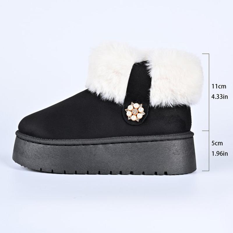 Fashion Black Faux Fur Warm Snow Boots for Women Round Toe Platform Snow Boots Woman Winter Pearls Decoration Ankle Booties Mujer
