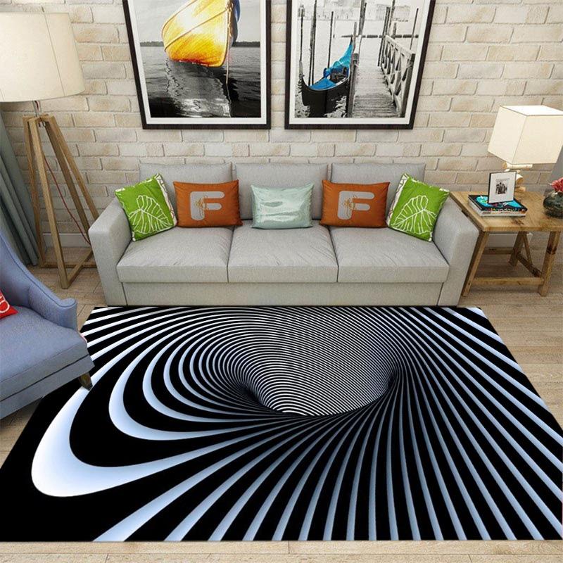 3D Illusion Loch Teppich Schwindel Schwarz-Weiß Gestreiftes Gitter Teppich Schlafzimmer E-Sport Zimmer Rutschfeste Matte Heimdekoration