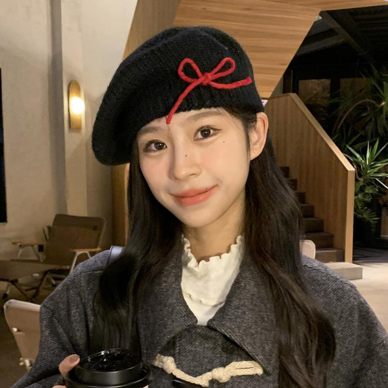 Bow knitted beret women's autumn and winter cold and warm wool hat big head circumference showing face small painter hat