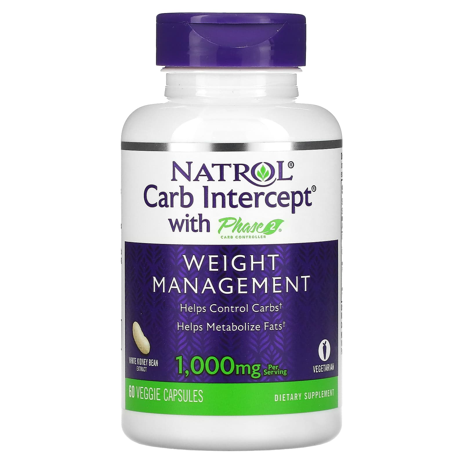 

Natrol, Carb Intersection with Stage 2 Carbohydrate Controller, 1,000 mg, 60 Veggie Capsules (500 mg per capsule)