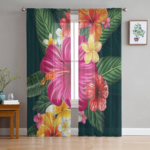 Green Plant Red Hibiscus Chiffon Tulle Curtains For Living Room Kitchen Bedroom 3d Print Sheer Voile Curtain Window Treatment