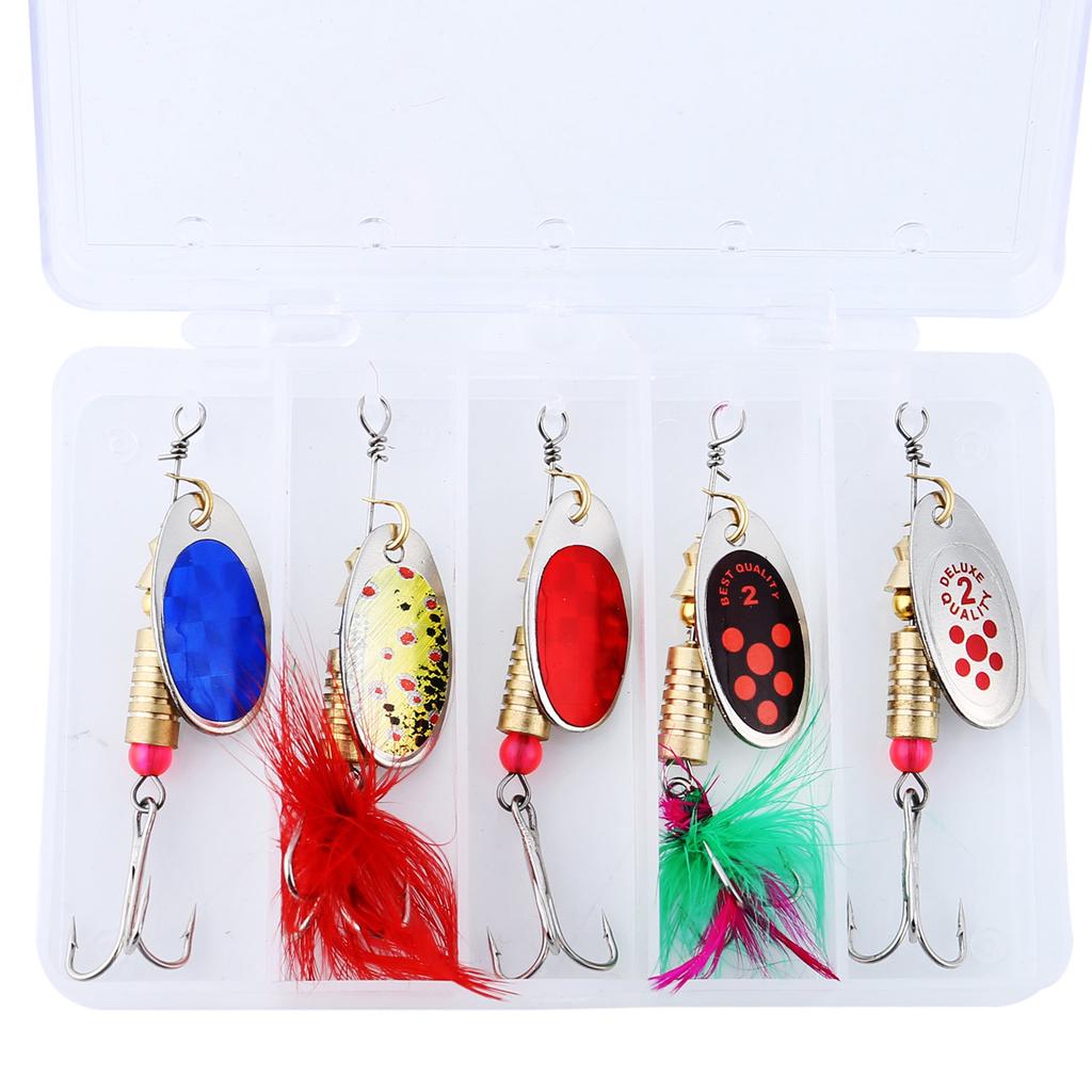 Sett med roterende skjeer, lokke, fiskelokk, metall fiskekroker, bass, ørret, abbor, gjedde, paljetter