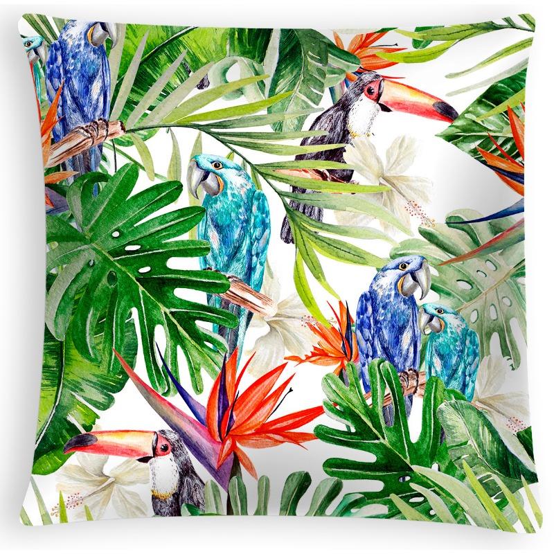 Plant Leaf Pillowcase Tropical Leaves Flowers and Birds Printed Peach Leather Velvet Fabric Sofa Bedroom Pillowcase